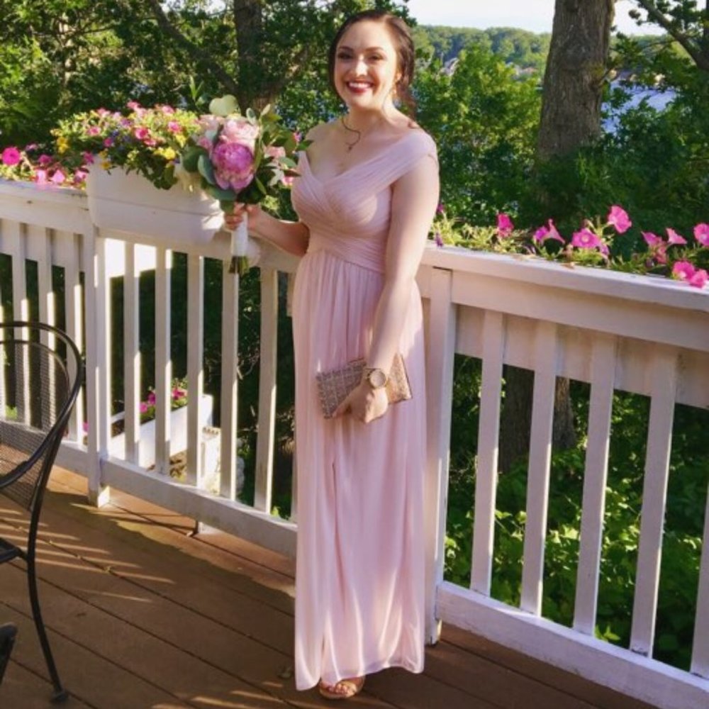 David's Bridal Pink CrissCross Off-the-Shoulder Chiffon Bridesmaid Maxi Dress